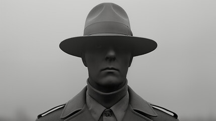 Stern man in large hat and suit radiating authority and secrecy. Concept of mystery, power, and intimidation.