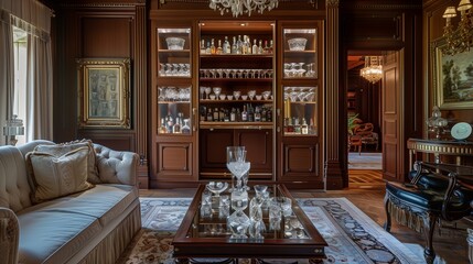 A drawing room with a hidden bar cabinet behind a sliding panel, complete with crystal glassware