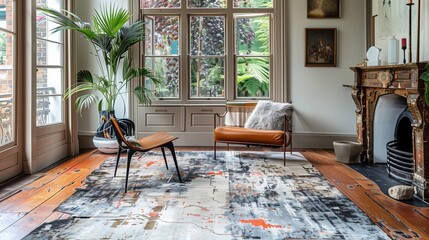 A drawing room with a large, abstract area rug that adds a pop of color to the neutral decor