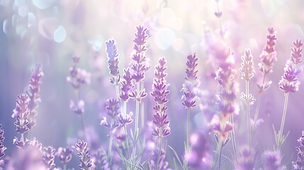 Naklejka premium Refined floral background featuring lavender flowers in a soft purple haze, calming theme, sophisticated, Blend mode, tranquil field backdrop