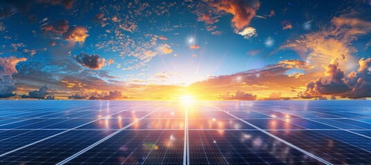 Obraz premium Panoramic shot of solar panel under clear blue sky with ample space for text placement