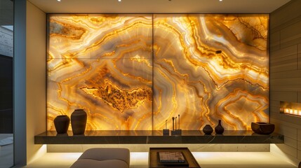 A drawing room with a custom-designed, backlit onyx wall panel that changes colors