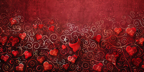 Background of big and small hearts with curls in dark red colors