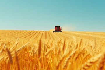 Obraz premium A red tractor is driving through a field of golden wheat