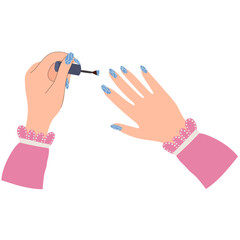 Woman painting her nails. Women's well-groomed hands with nail polish. Aesthetic cosmetology.