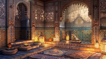 Obraz premium A drawing room with a Moroccan-inspired design, complete with intricate tile work and lanterns