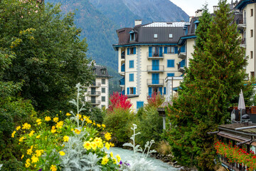 Houses, flowers in center of Chamonix, France
