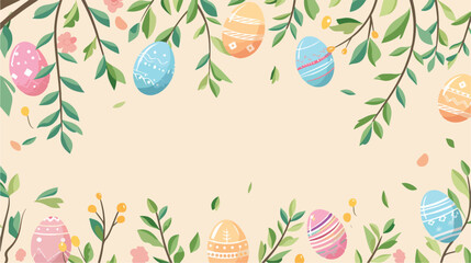 Easter eggs and green branches on beige background Vector