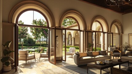 Fototapeta premium A drawing room with a series of arched doorways leading to an outdoor patio