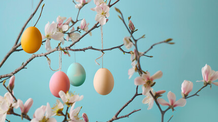 Composition with different Easter eggs hanging on tree