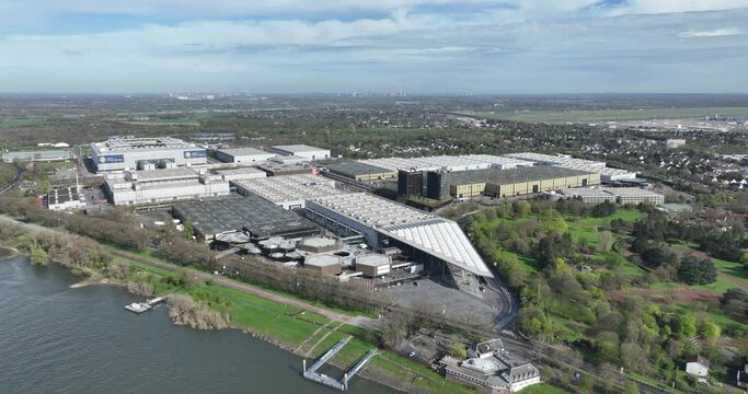 Aerial drone view on the conference center of Dusseldorf, Germany.
