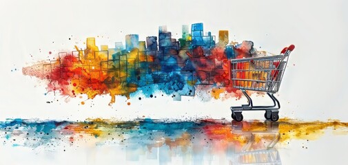 Abstract shopping cart image with vibrant cityscape background, blending art and commerce through colorful splashes for impactful visual appeal.