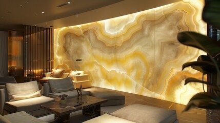 A drawing room with a custom-designed, backlit onyx wall panel that changes colors