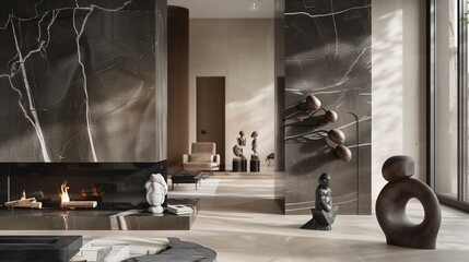 A drawing room with a sleek, black marble fireplace and a collection of modern sculptures