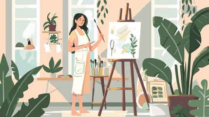 Female Asian artist with paint brushes and canvas 
