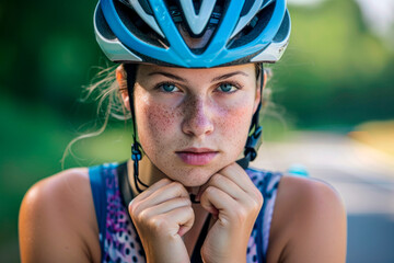 A woman fastening the strap of her cycling helmet.