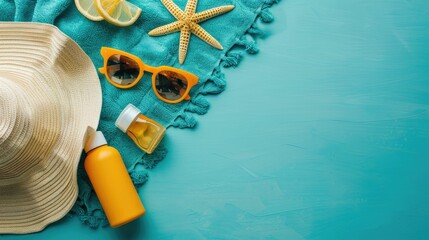 A plastic bottle of sunscreen, stylish sunglasses, a soft towel, and colorful seashells placed on an electric blue surface resembling a swimming pool AIG50