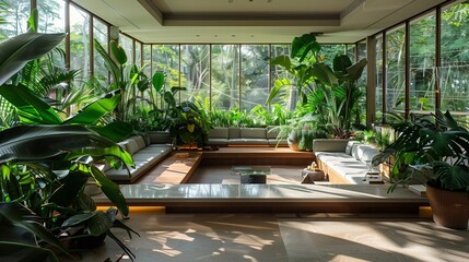 Fototapeta premium A drawing room with a sunken seating area surrounded by lush indoor plants and floor-to-ceiling windows
