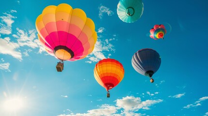 Fototapeta premium Vibrant balloons in various colors ascending, set against a bright blue sky, evoking a paradise atmosphere, seen from beneath