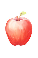 Vibrant watercolor illustration of a fresh red apple with a small green leaf on white background, transparent background