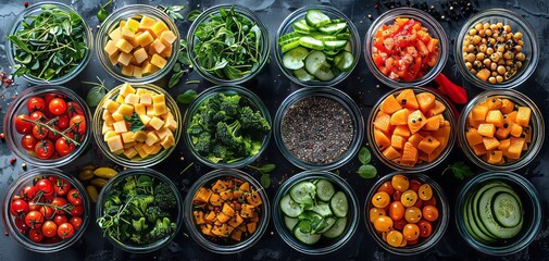 Fototapeta premium Top view of fresh vegetables and ingredients neatly arranged in glass bowls, featuring vibrant colors and healthy food options.