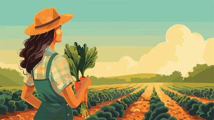 Female farmer with carrot in field Vector illustration