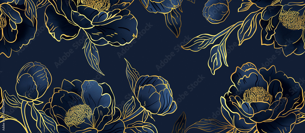 Poster golden peony flowers in navy blue luxury texture background