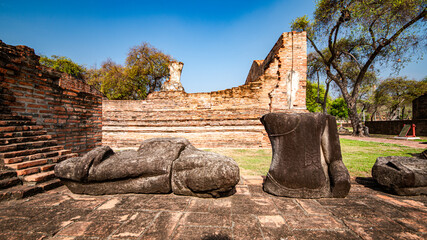 Ruins of the Chedi Stupa Church And an ancient Buddha image from the Ayutthaya period is in Wat...