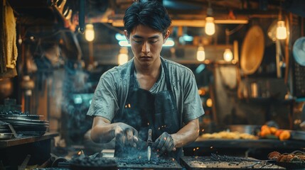 Artisan Charcoal Maker Crafting Asian Street Food