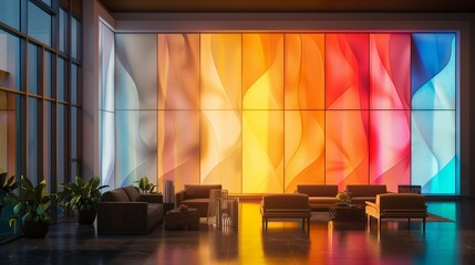 A drawing room with a wall of abstract, backlit panels that change colors throughout the day