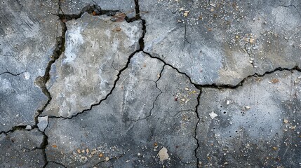 Obraz premium Top view of a frost heave crack running through a factory concrete sidewalk, capturing the rough and broken surface