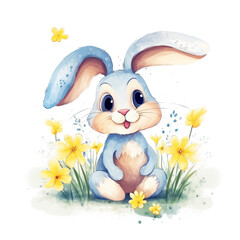 Watercolor gray cute bunny in yellow flowers. Kawaii style. Logo, icon. For printing on T-shirts. Children's theme. Wild forest animals. Watercolor style.