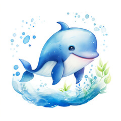 Watercolor blue cute dolphin. Kawaii style. Logo, icon. For printing on T-shirts. Children's theme. The wild nature. Ocean. Underwater world. Dolphin. Watercolor style.