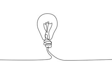 Continuous one line drawing of electric light bulb in hand. Concept of idea emergence. Minimalist illustration.
