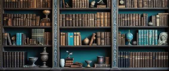 A vintage bookshelf packed with a diverse collection of antique books, showcasing rich textures and colors in an old library setting..