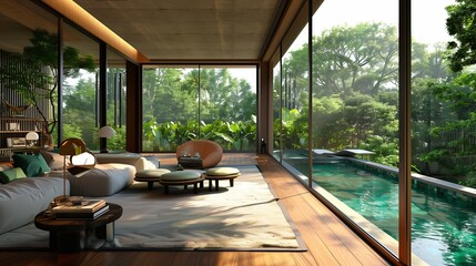 Fototapeta premium A drawing room with a wall of floor-to-ceiling windows overlooking a serene pool and garden
