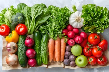 Fresh Organic Vegetables and Fruits Arrangement for Healthy Living and Balanced Diet
