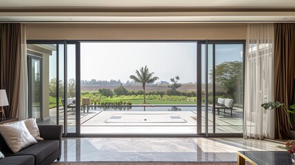 Obraz premium A drawing room with a wall of sliding glass doors that seamlessly connect to an outdoor terrace
