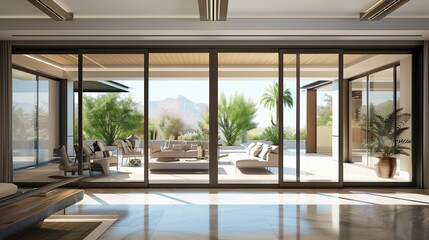 Fototapeta premium A drawing room with a wall of sliding glass doors that seamlessly connect to an outdoor terrace