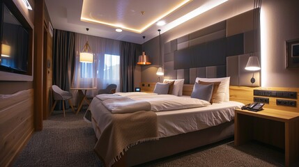 Modern luxury bedroom. The interior of the hotel bedroom is cozy and classy. Interior and comfort resting concept. Generative Ai