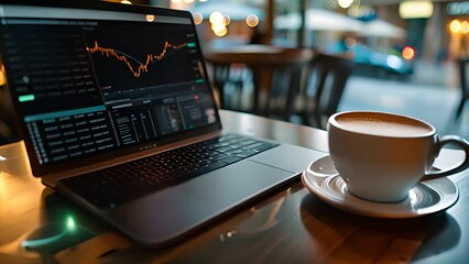 Laptop with Financial Charts and Coffee in Cafe with Ai generated.
