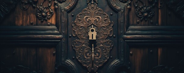 Ornate Antique Lock on Wooden Door.