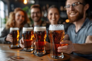 Group of Friends Enjoying Craft Beers at a Bar - Cheers, Socializing, and Relaxation