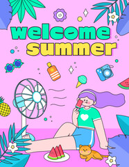 Fototapeta premium Summer Illustration with a Cute Girl