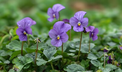 Fototapeta premium multiple purple Viola tricolor flowers , Generative AI