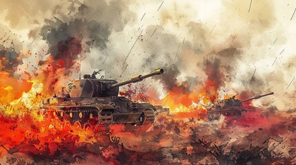 Watercolor illustration of a vintage battlefield featuring rusted tanks and war machinery amid fire and smoke, rendered in dramatic colors and intense brush strokes