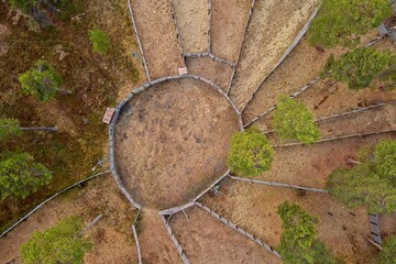 Aerial view of Rajajoosep´s reindeer separation fence in spring, Raja-Jooseppi, Lapland, Finland.