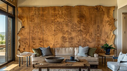 A drawing room with a wall of live-edge wooden panels, adding warmth and texture