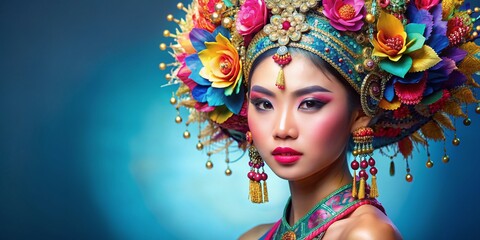 beautiful thai woman traditional costume beautiful make up friendly smile space for text