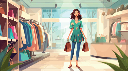 Female seller with shopping bags in boutique Vector illustration